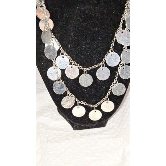 A Double Layered Silver Disc Women's Necklace Coin Statement Cocktail Evening - Picture 3 of 9